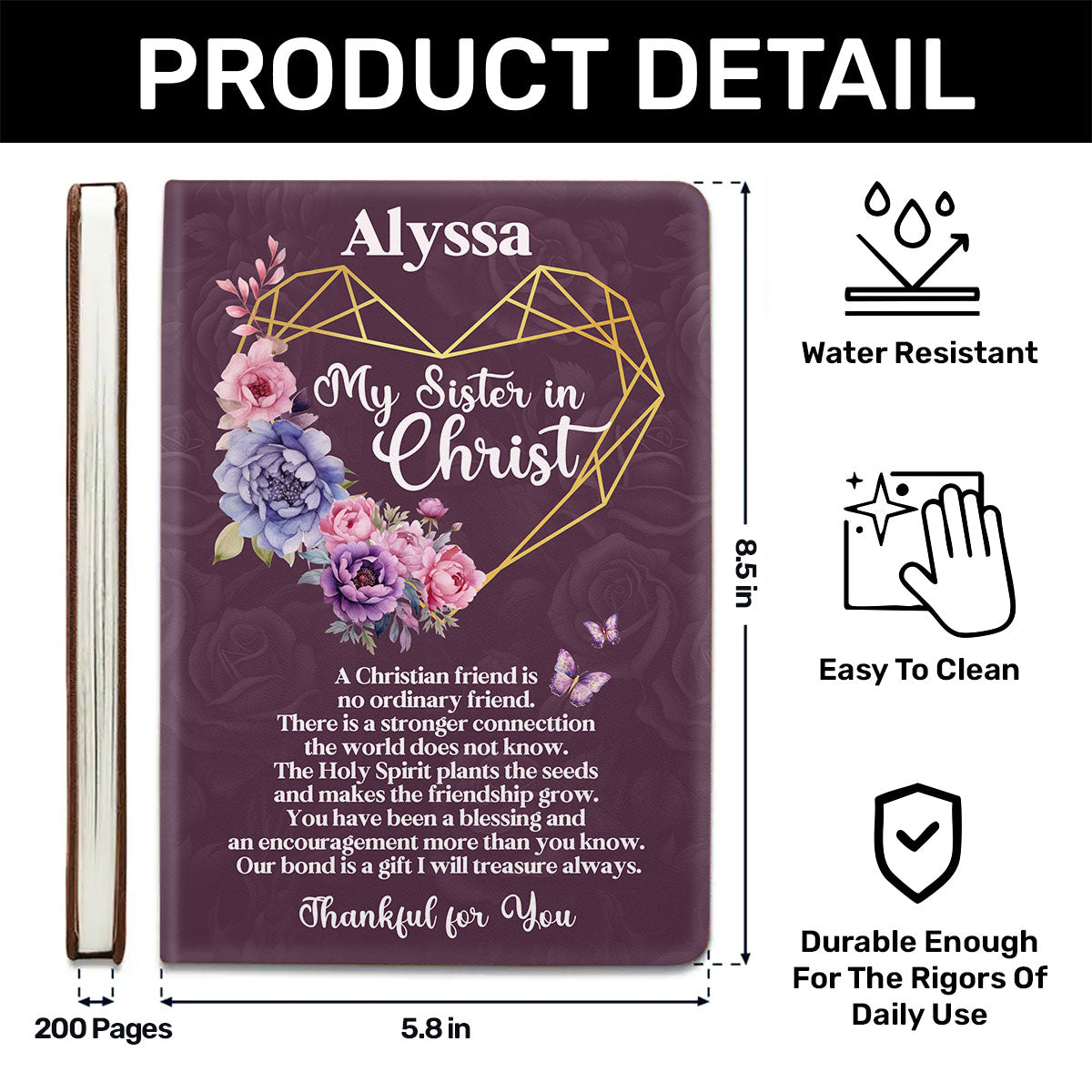 Thankful For My Sister In Christ | Personalized Leather Cover Notebook