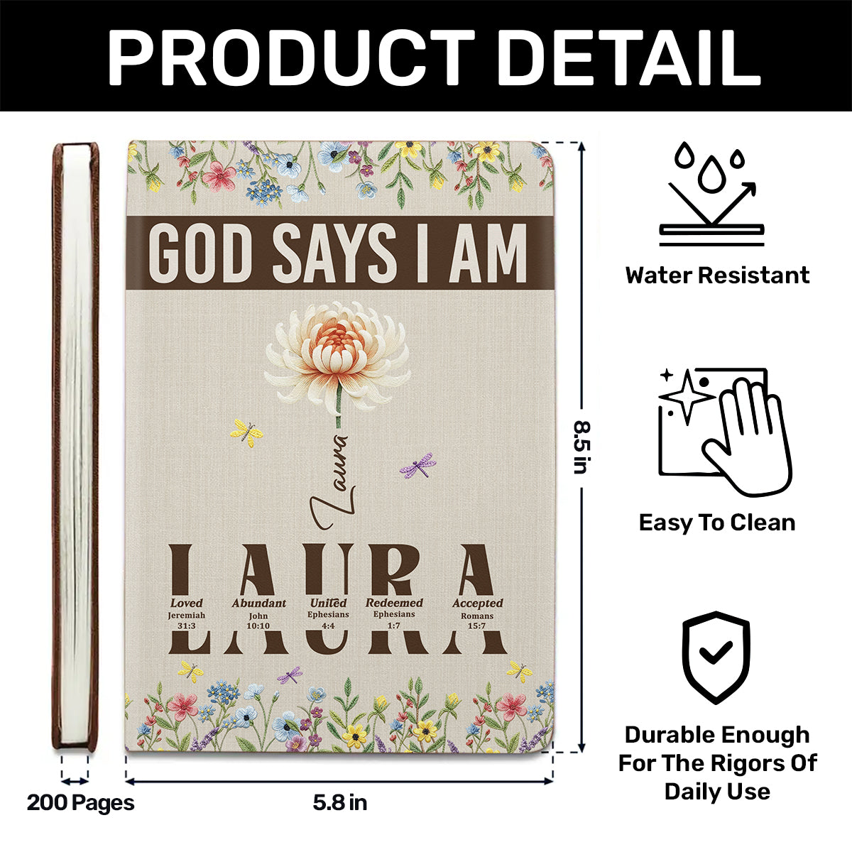 God Says I Am Floral Blessings | Personalized Leather Cover Notebook