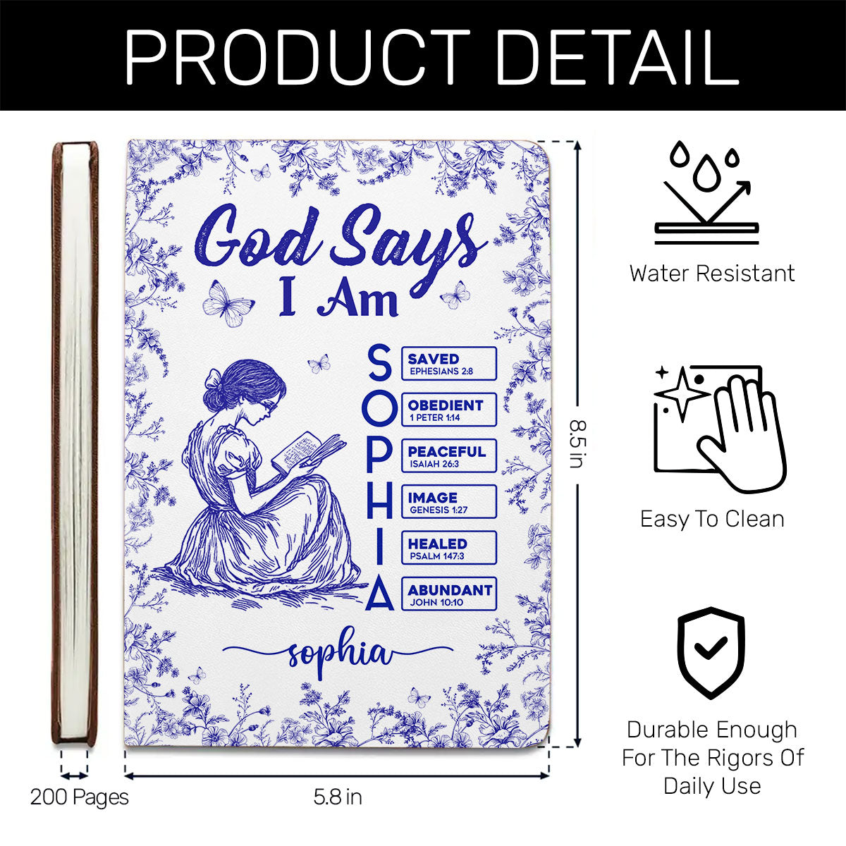 God Says I Am Toile De Jouy | Personalized Leather Cover Notebook